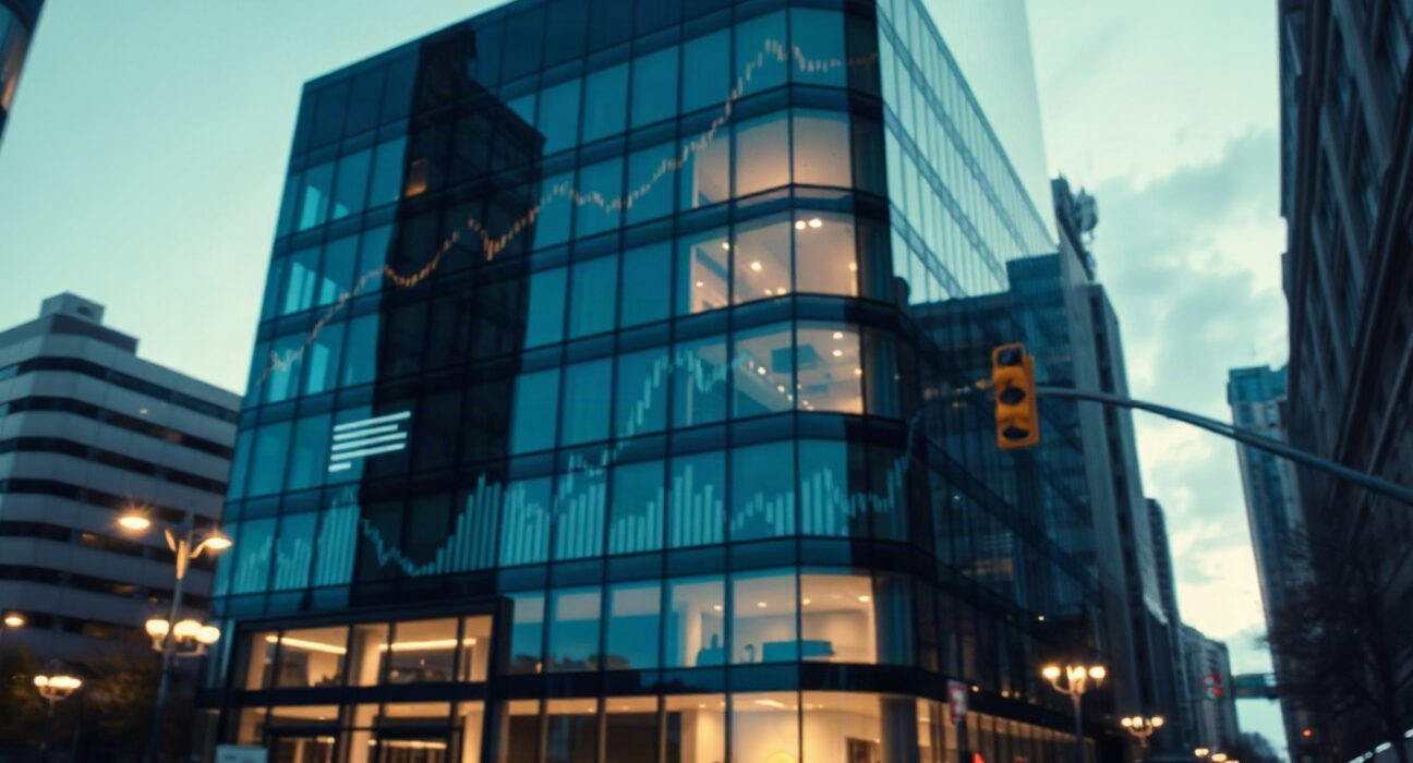 Corporate building exterior with subtle Bitcoin-themed reflections, symbolizing Strategy's digital asset holdings.
