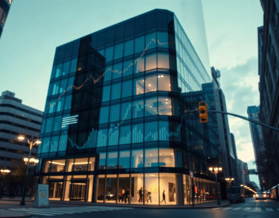 Corporate building exterior with subtle Bitcoin-themed reflections, symbolizing Strategy's digital asset holdings.