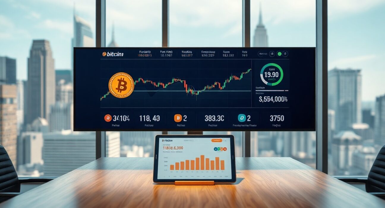 Corporate Bitcoin accumulation trend with digital display showing BTC holdings chart in modern office