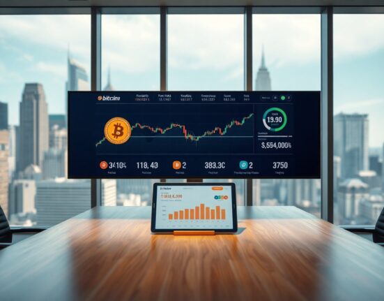 Corporate Bitcoin accumulation trend with digital display showing BTC holdings chart in modern office
