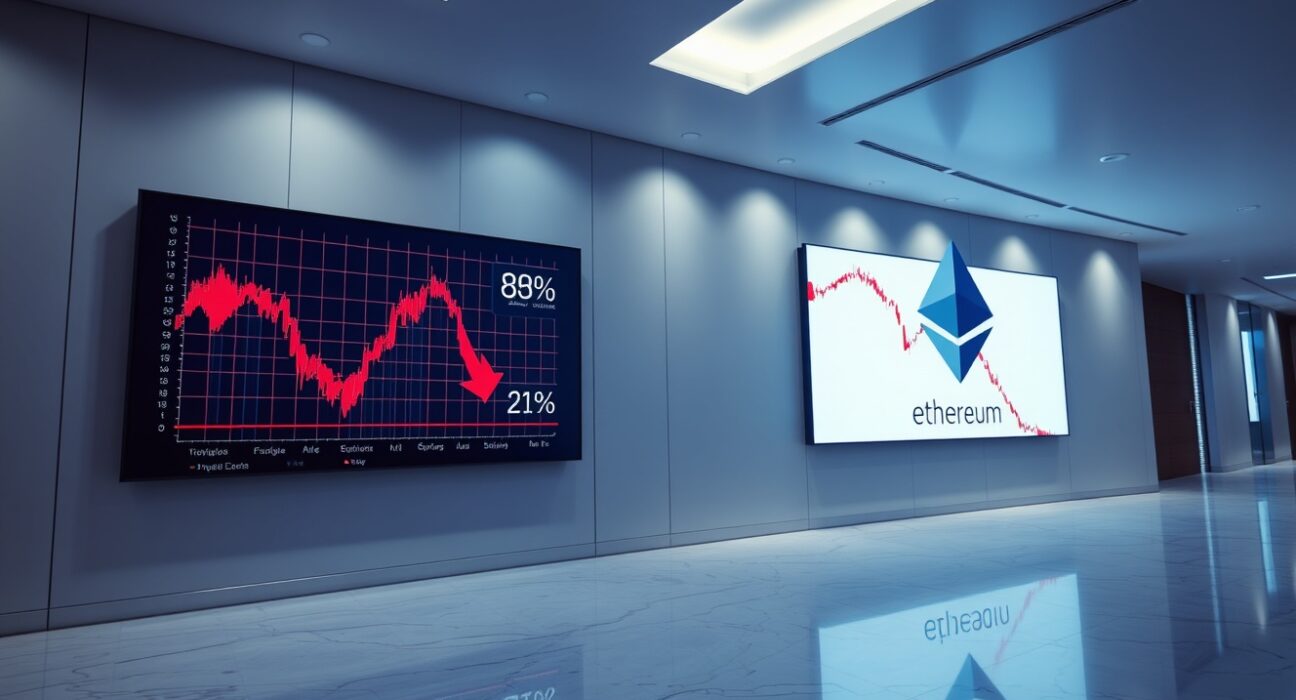 Two digital screens in a corporate lobby showing Bitcoin and Ethereum price charts with significant losses.