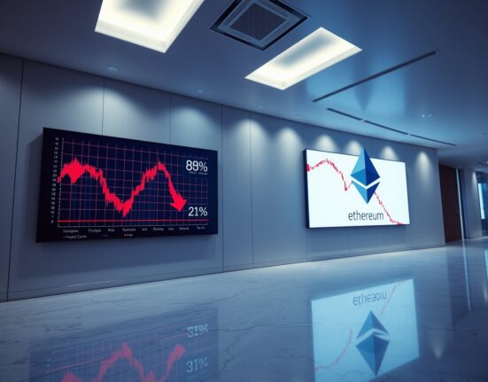Two digital screens in a corporate lobby showing Bitcoin and Ethereum price charts with significant losses.