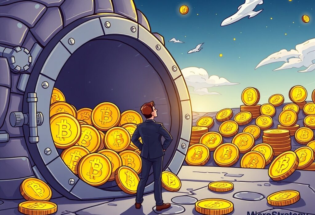 A cartoon illustration showing the significant growth of Strategy BTC holdings, representing future accumulation.