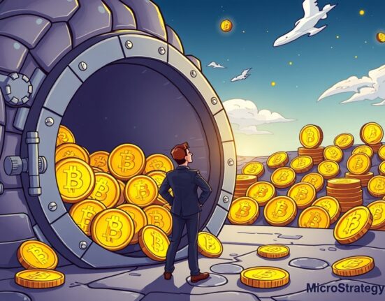 A cartoon illustration showing the significant growth of Strategy BTC holdings, representing future accumulation.