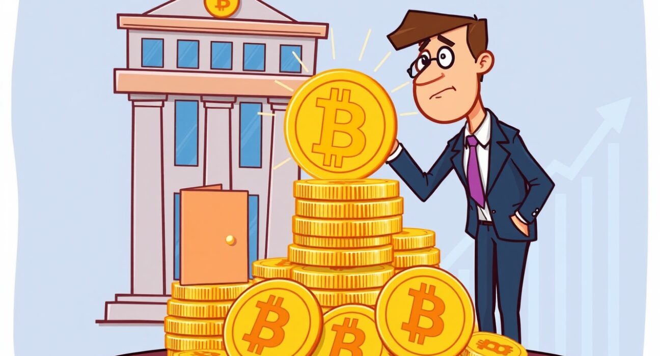 A cartoon showing a company making a significant Strategy BTC purchase, symbolizing growing digital asset accumulation.