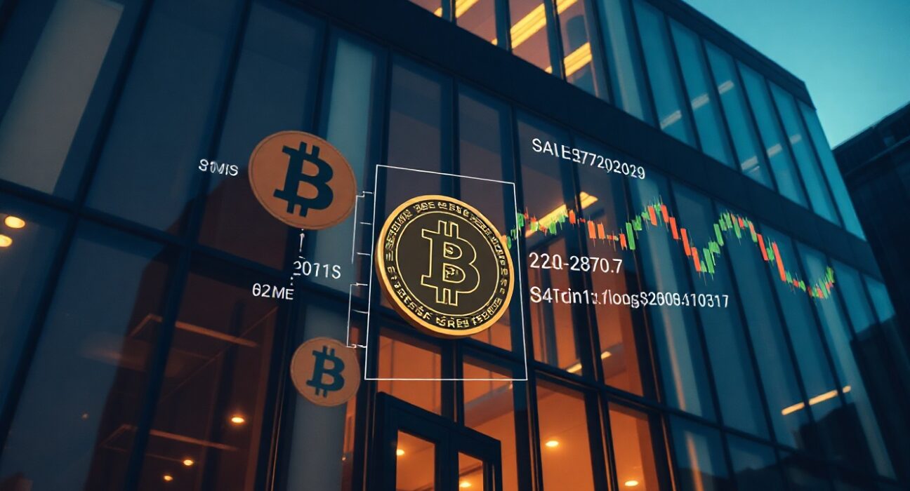 Modern corporate office building with Bitcoin and stock chart reflections symbolizing Strategy's BTC sale for dividend funding