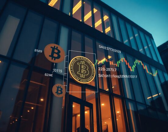 Modern corporate office building with Bitcoin and stock chart reflections symbolizing Strategy's BTC sale for dividend funding