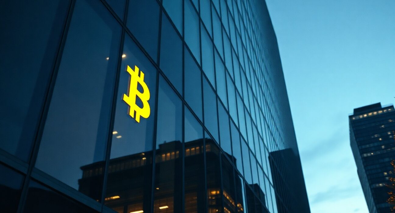 Corporate office building with Bitcoin symbol reflecting on glass at dusk, representing financial risk.
