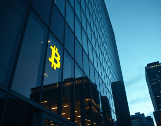 Corporate office building with Bitcoin symbol reflecting on glass at dusk, representing financial risk.
