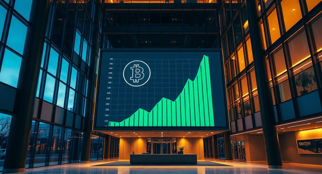 Modern corporate lobby with digital screen displaying bitcoin price chart