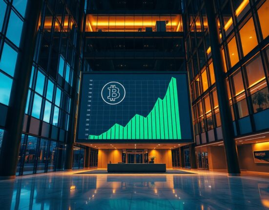 Modern corporate lobby with digital screen displaying bitcoin price chart