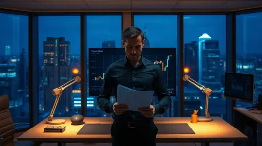 Financial analyst reviewing Strategy's bitcoin treasury holdings in a corporate office at night