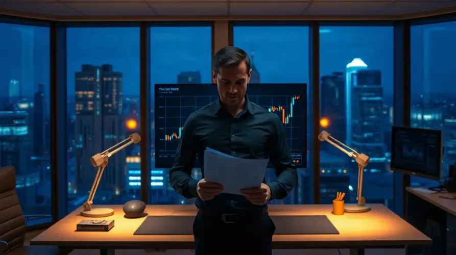 Financial analyst reviewing Strategy's bitcoin treasury holdings in a corporate office at night
