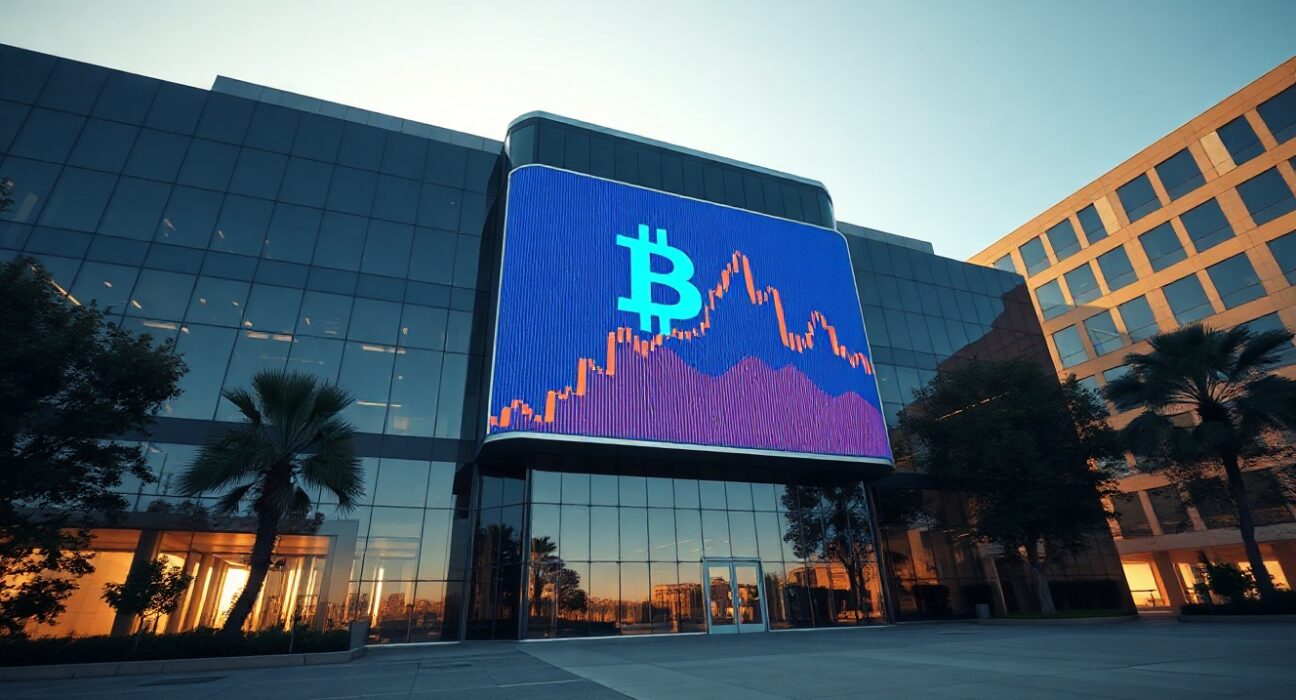 Modern corporate office building with Bitcoin logo on digital display and rising price chart during golden hour
