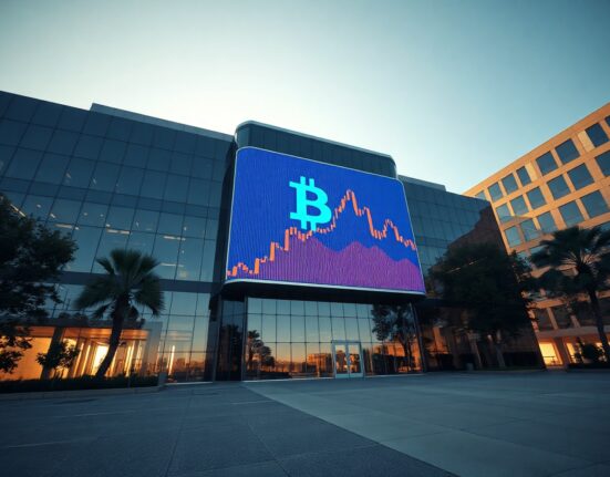 Modern corporate office building with Bitcoin logo on digital display and rising price chart during golden hour
