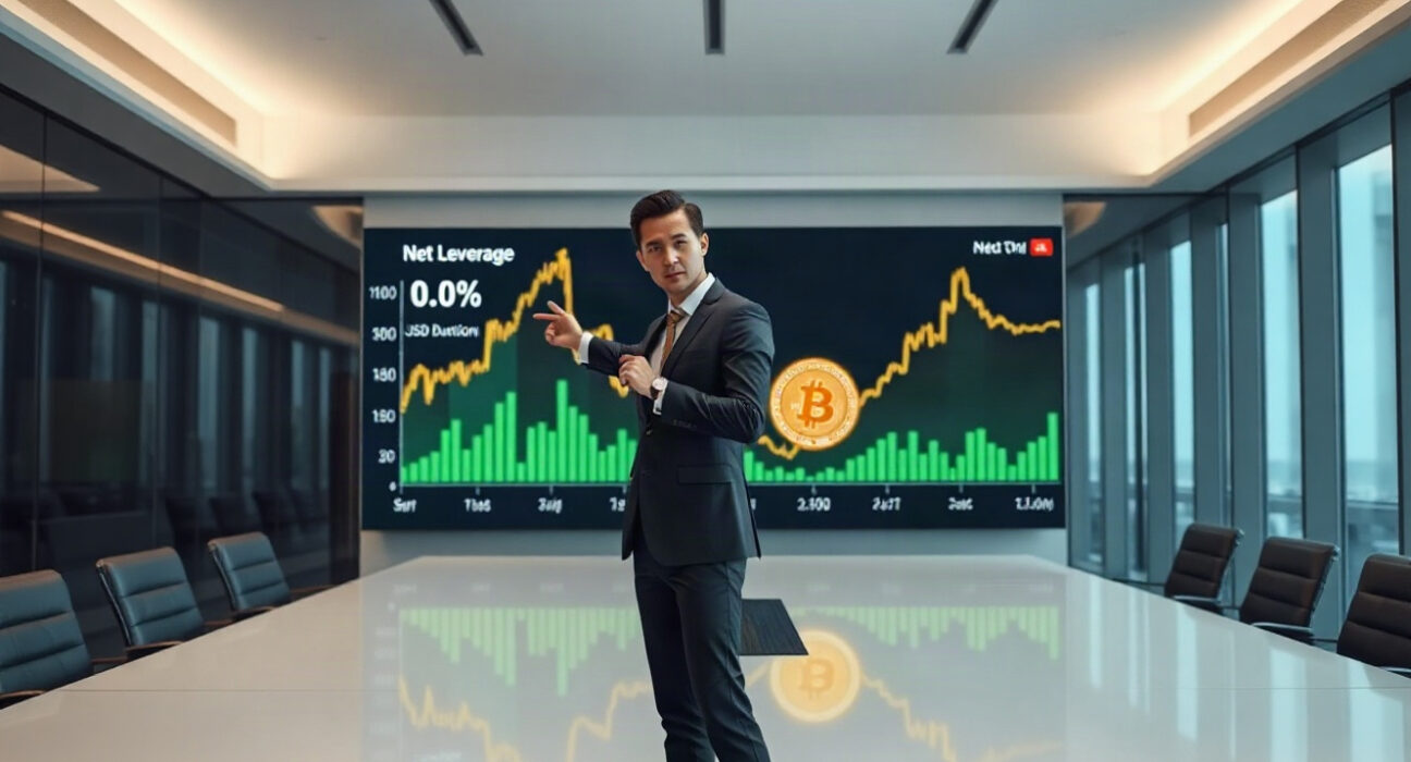 Financial analyst pointing at a screen showing Bitcoin chart and net leverage metrics in a modern office