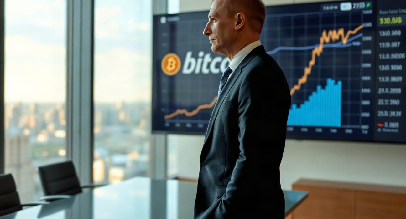 Strategy CEO Phong Le in a boardroom with Bitcoin chart in background