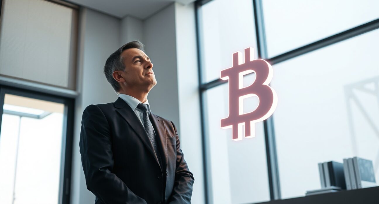 Strategy CEO Phong Le standing in office with a glowing Bitcoin symbol