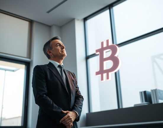 Strategy CEO Phong Le standing in office with a glowing Bitcoin symbol