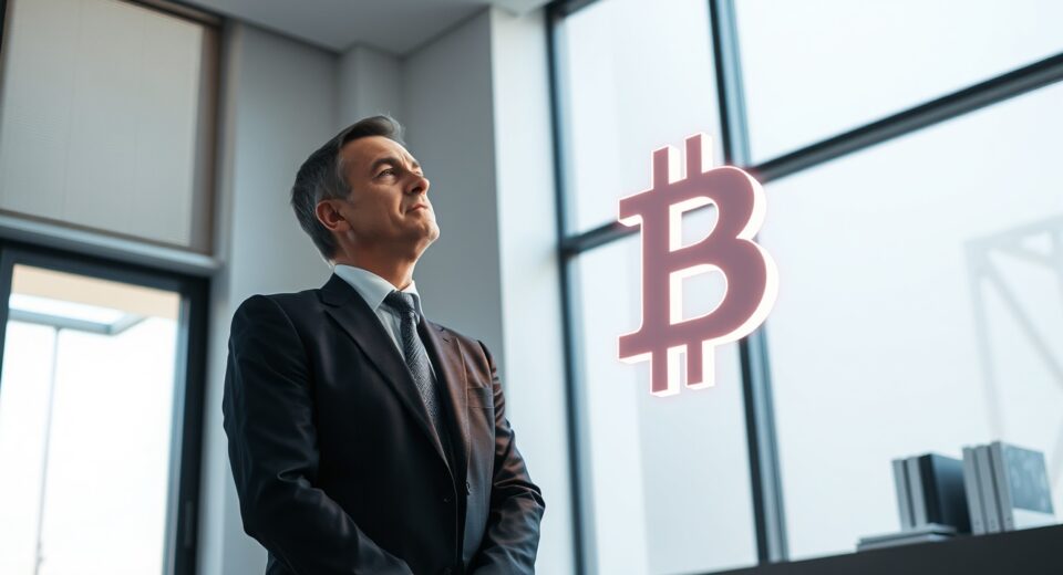 Strategy CEO Phong Le standing in office with a glowing Bitcoin symbol