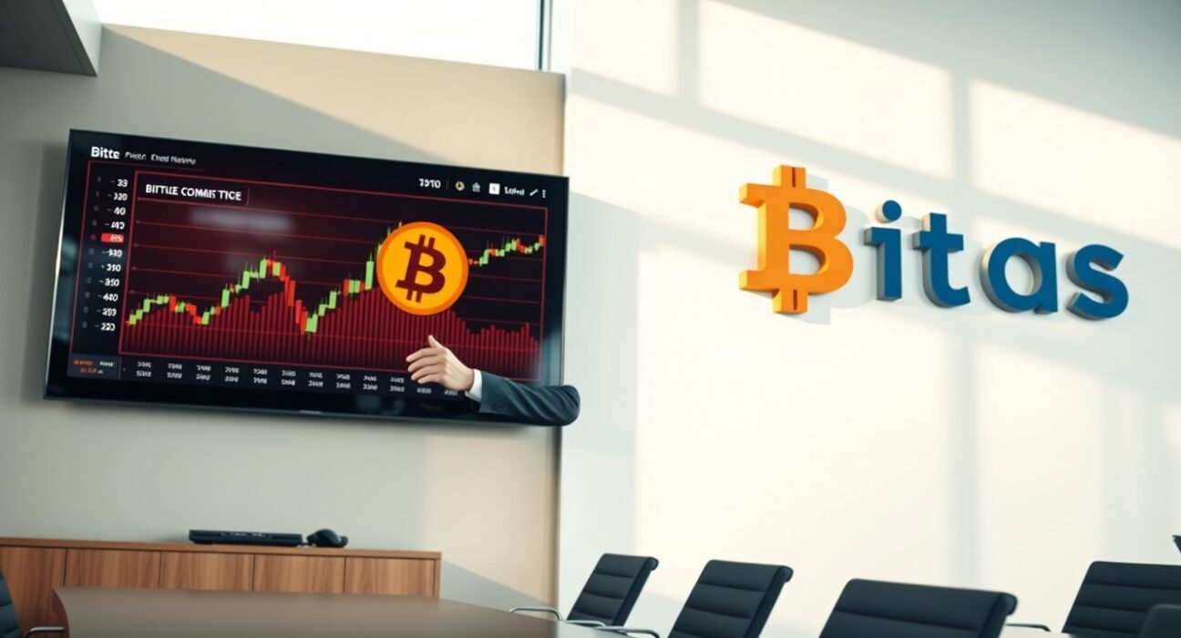 Strategy CEO Phong Le in a boardroom discussing Bitcoin sale scenarios with a digital chart in the background