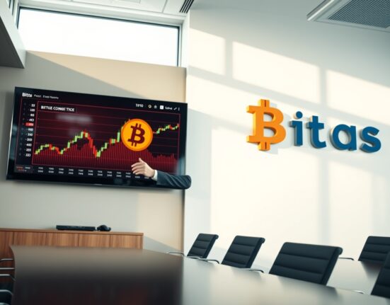 Strategy CEO Phong Le in a boardroom discussing Bitcoin sale scenarios with a digital chart in the background