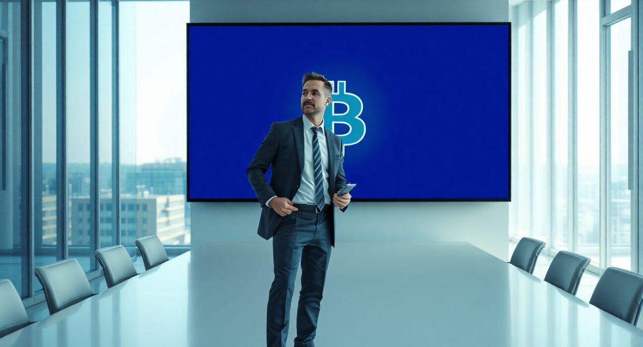 Strategy CEO Phong Le in a corporate boardroom with a Bitcoin display on a large screen