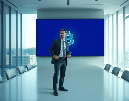 Strategy CEO Phong Le in a corporate boardroom with a Bitcoin display on a large screen