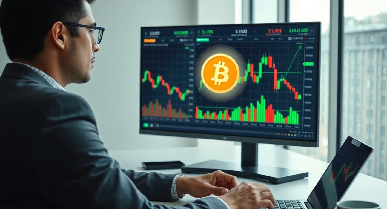 Financial analyst monitoring Bitcoin price charts on a screen in a modern office