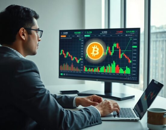 Financial analyst monitoring Bitcoin price charts on a screen in a modern office