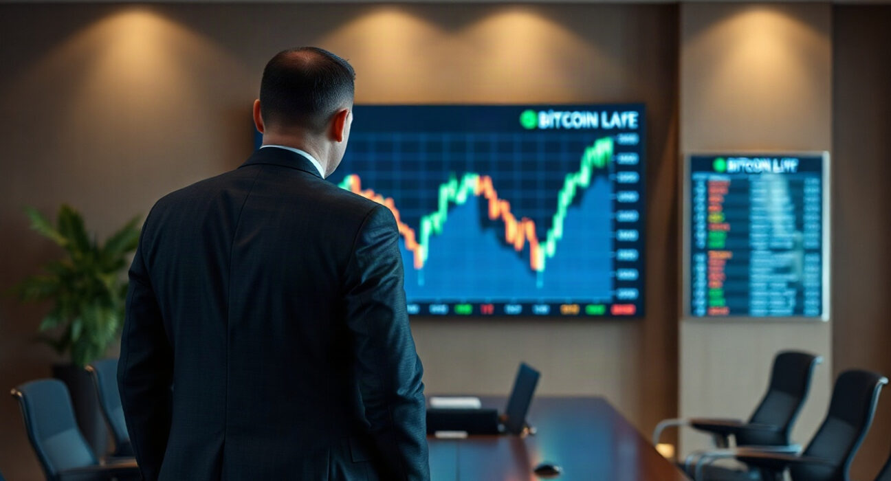 Strategy CEO Phong Le in a boardroom with a Bitcoin price chart on screen