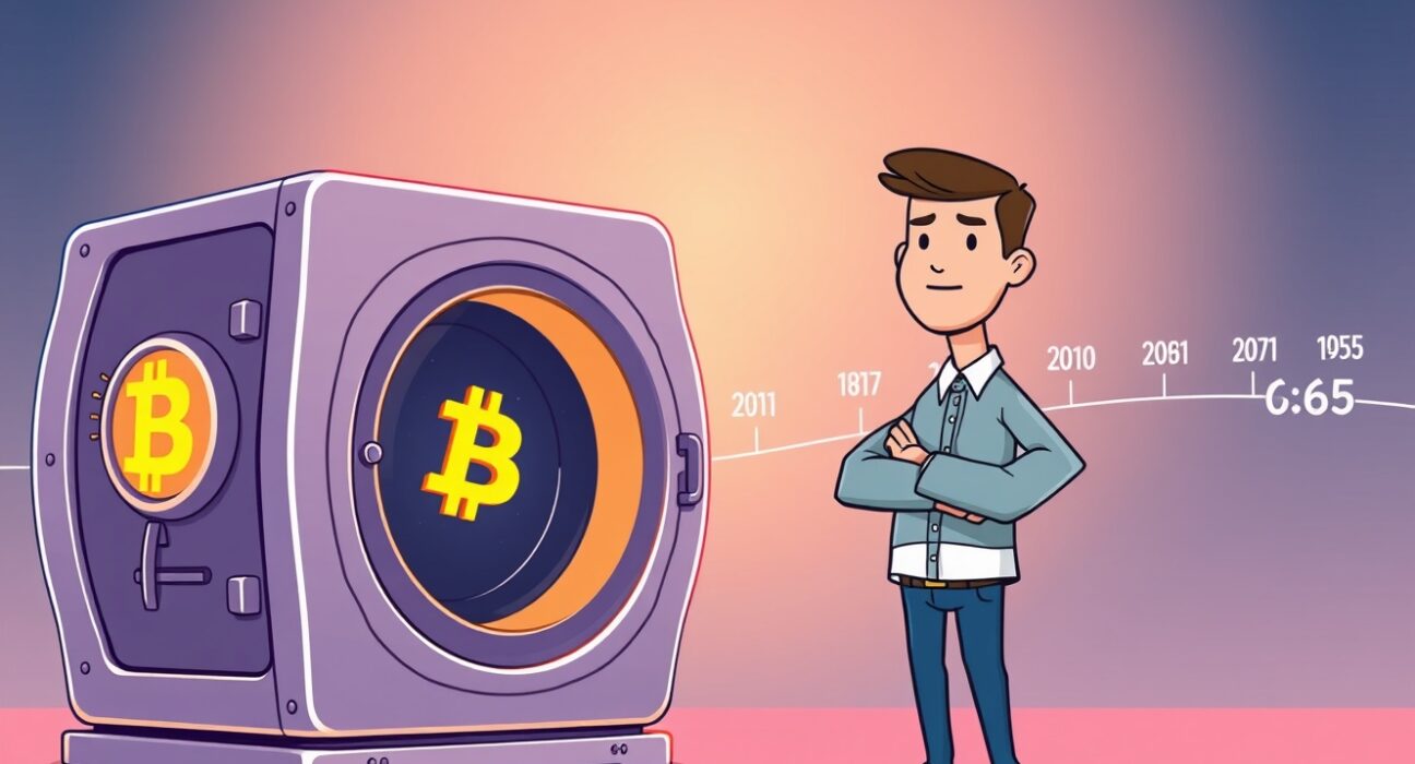 A confident CEO guarding a vault to hold Bitcoin for decades into the future.