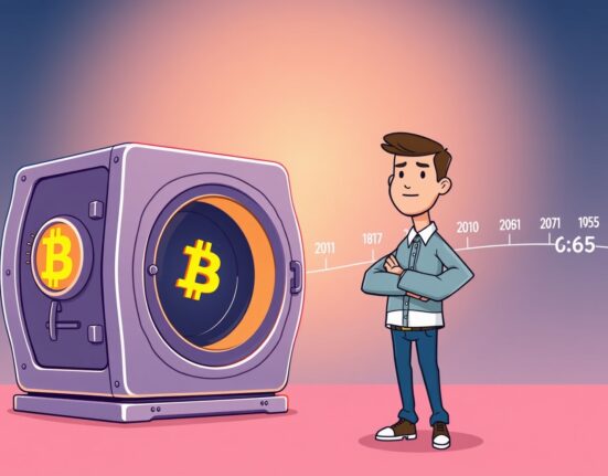 A confident CEO guarding a vault to hold Bitcoin for decades into the future.