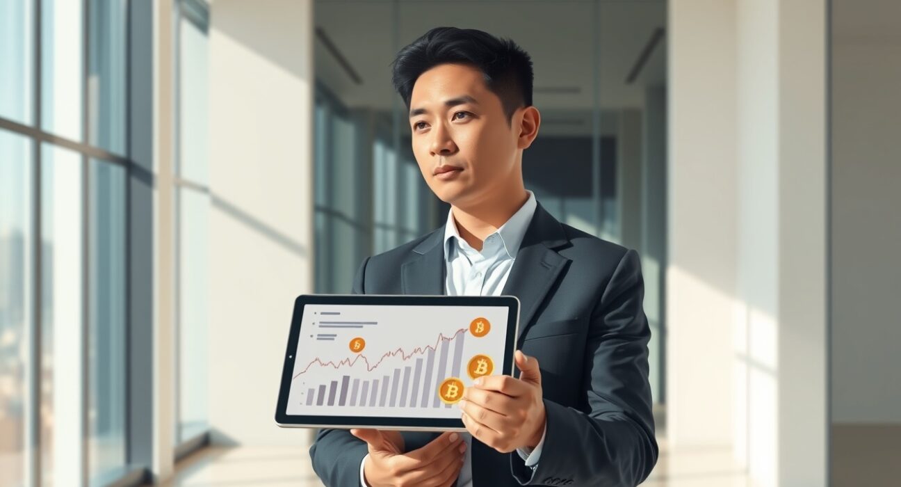 Strategy CEO Phong Le analyzing financial data and cryptocurrency market trends in corporate office