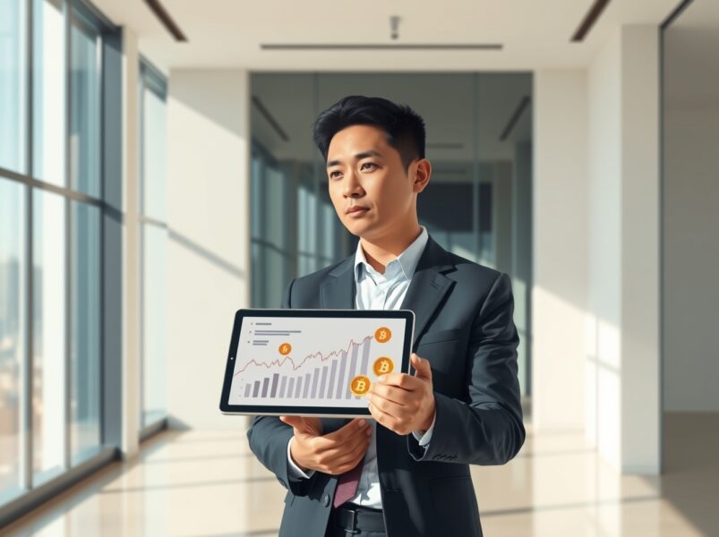 Strategy CEO Phong Le analyzing financial data and cryptocurrency market trends in corporate office