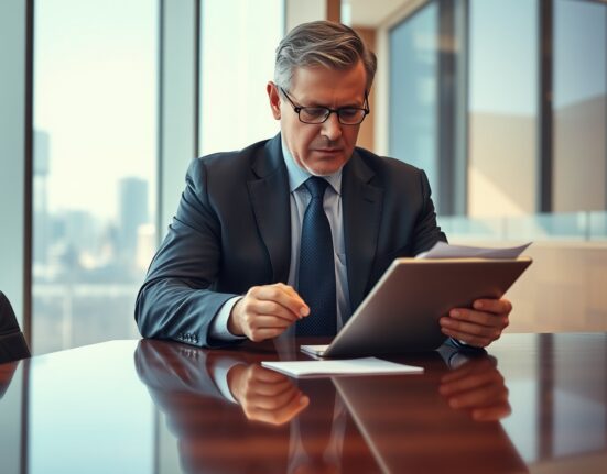 Andrew Kang, CFO of Strategy, in a boardroom setting reviewing documents