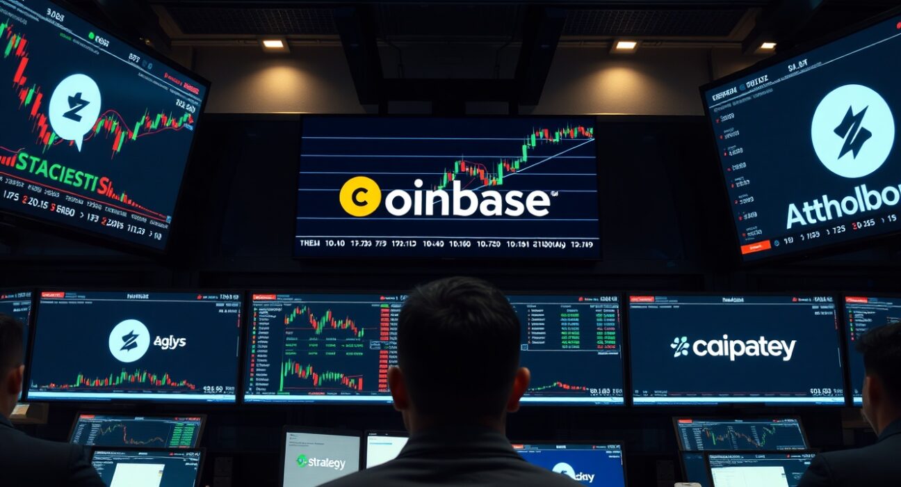 Trading screens showing market charts with Coinbase and Strategy branding in a newsroom setting