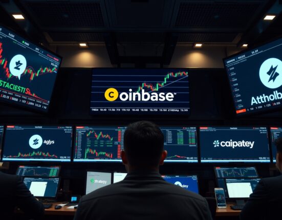 Trading screens showing market charts with Coinbase and Strategy branding in a newsroom setting