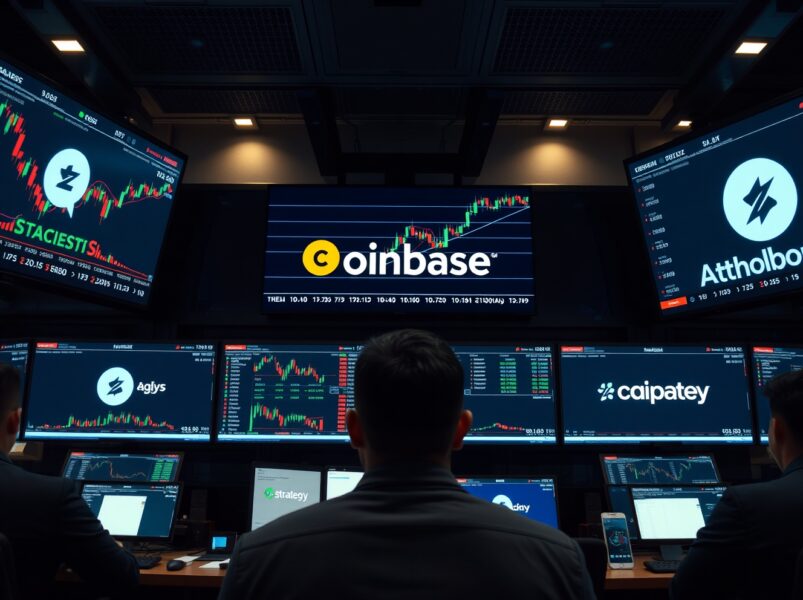 Trading screens showing market charts with Coinbase and Strategy branding in a newsroom setting
