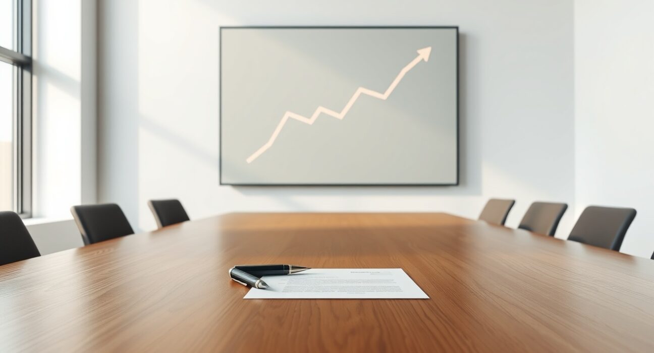 A document and pen on a boardroom table with a digital screen showing a debt reduction graph in the background.