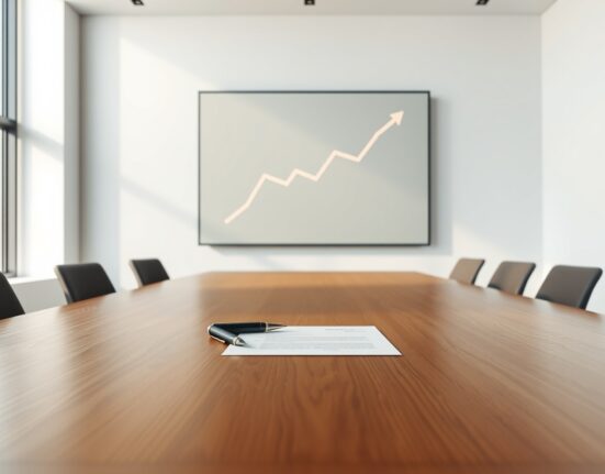 A document and pen on a boardroom table with a digital screen showing a debt reduction graph in the background.