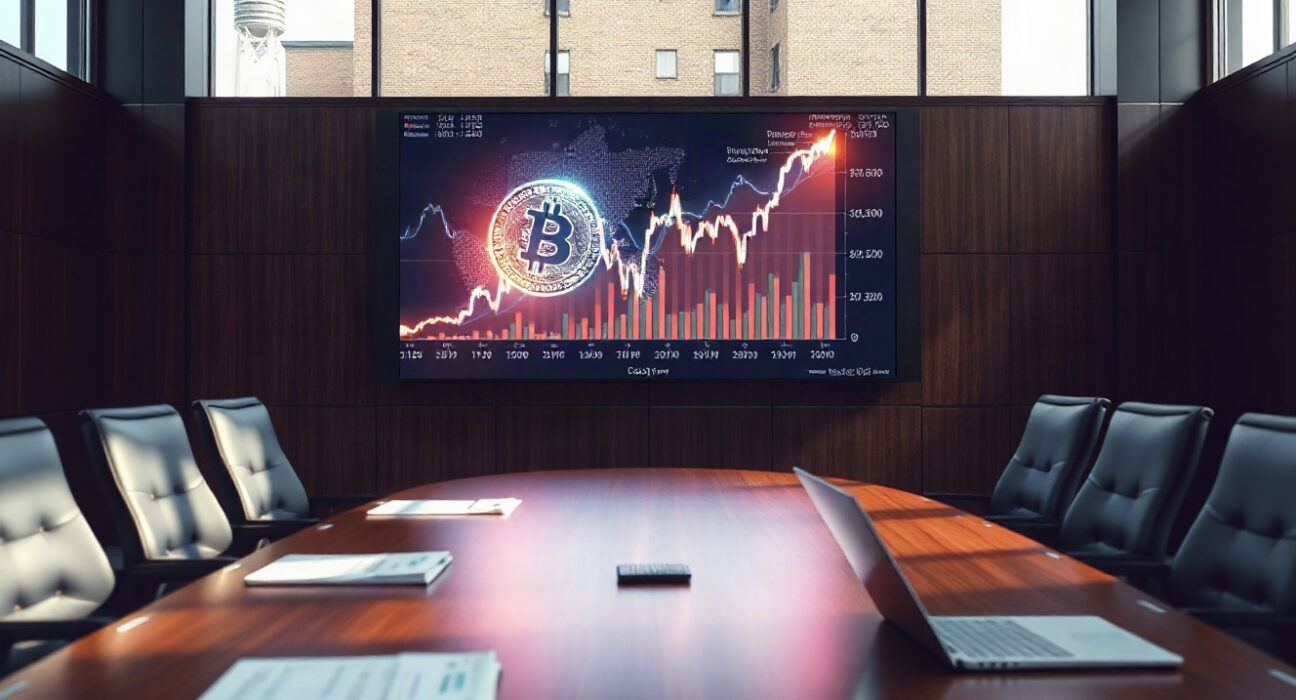 Strategy's corporate boardroom with a digital screen showing Bitcoin price chart and financial data