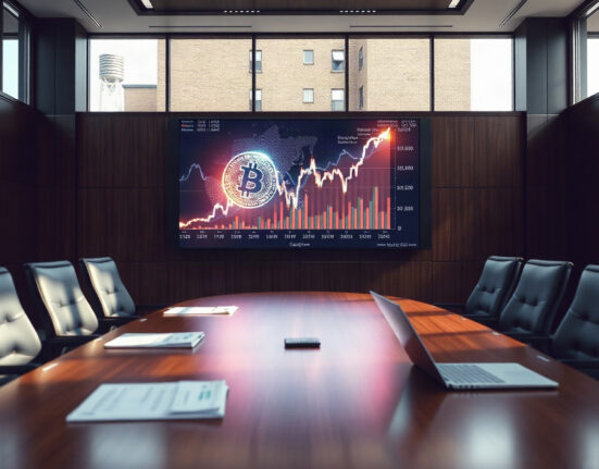 Strategy's corporate boardroom with a digital screen showing Bitcoin price chart and financial data