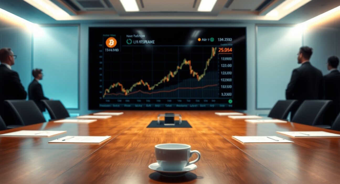 Boardroom meeting with a large screen showing a Bitcoin price chart and financial data.