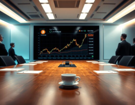 Boardroom meeting with a large screen showing a Bitcoin price chart and financial data.