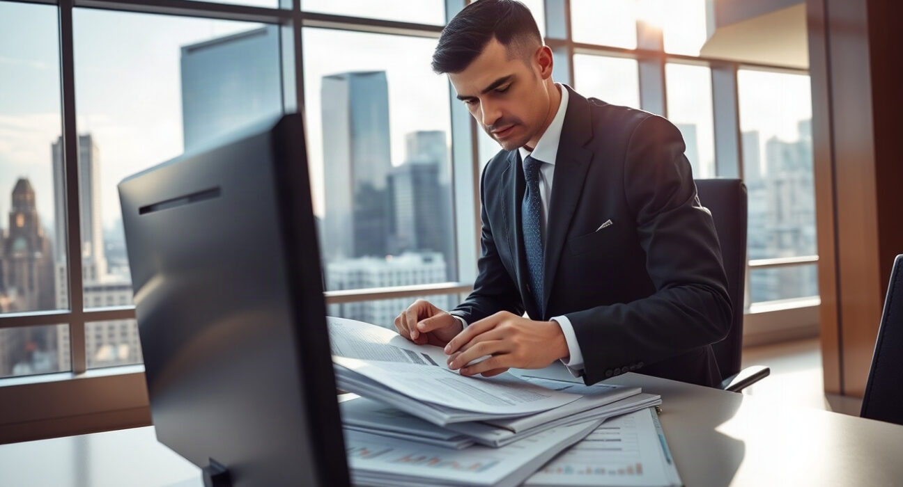 Executive reviewing financial documents with Bitcoin charts on screen in modern office