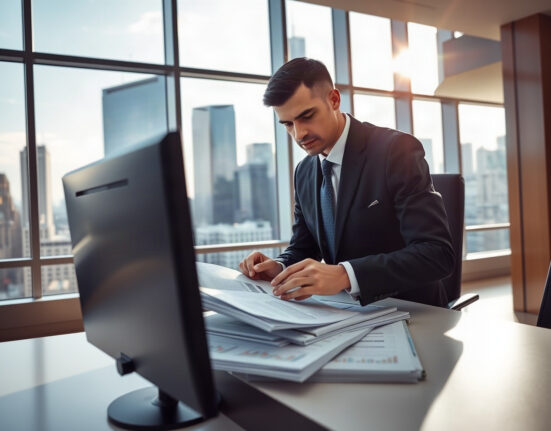 Executive reviewing financial documents with Bitcoin charts on screen in modern office