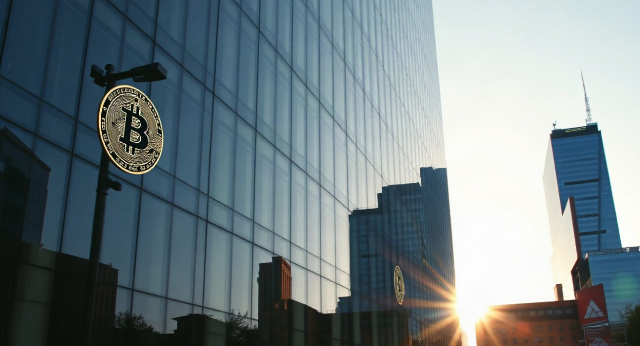Corporate office building with subtle Bitcoin symbols on glass facade representing institutional investment