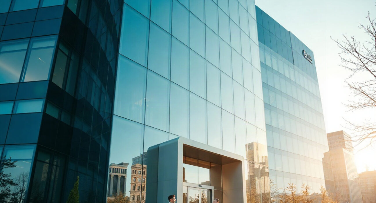 Corporate office building exterior representing Strategy's financial operations and capital market reliance