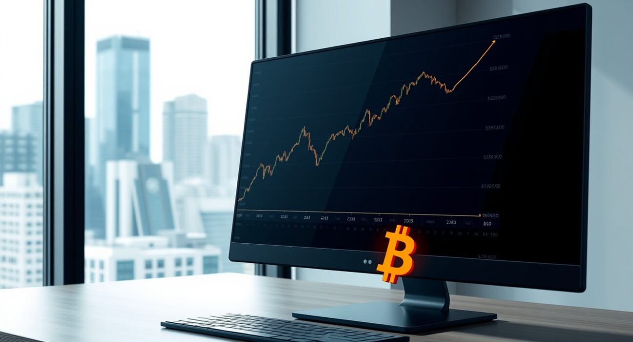 Strategy's corporate Bitcoin acquisition strategy shown through a financial trading desk monitoring stock and BTC data.